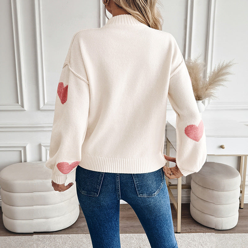 Loose Knit Sweater with Love Heart Jacquard and High-Neck