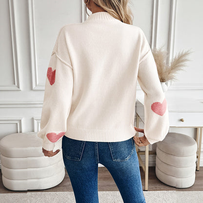 Loose Knit Sweater with Love Heart Jacquard and High-Neck