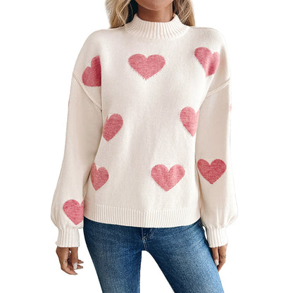 Loose Knit Sweater with Love Heart Jacquard and High-Neck