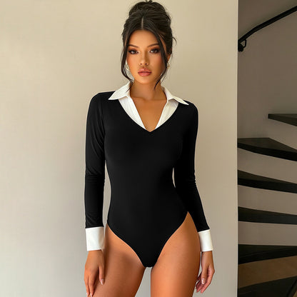 Bodycon Bodysuit with Contrast Lapel Collar and Cuffs