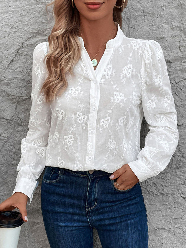 Sheer Embroidered Blouse with Puff Sleeves