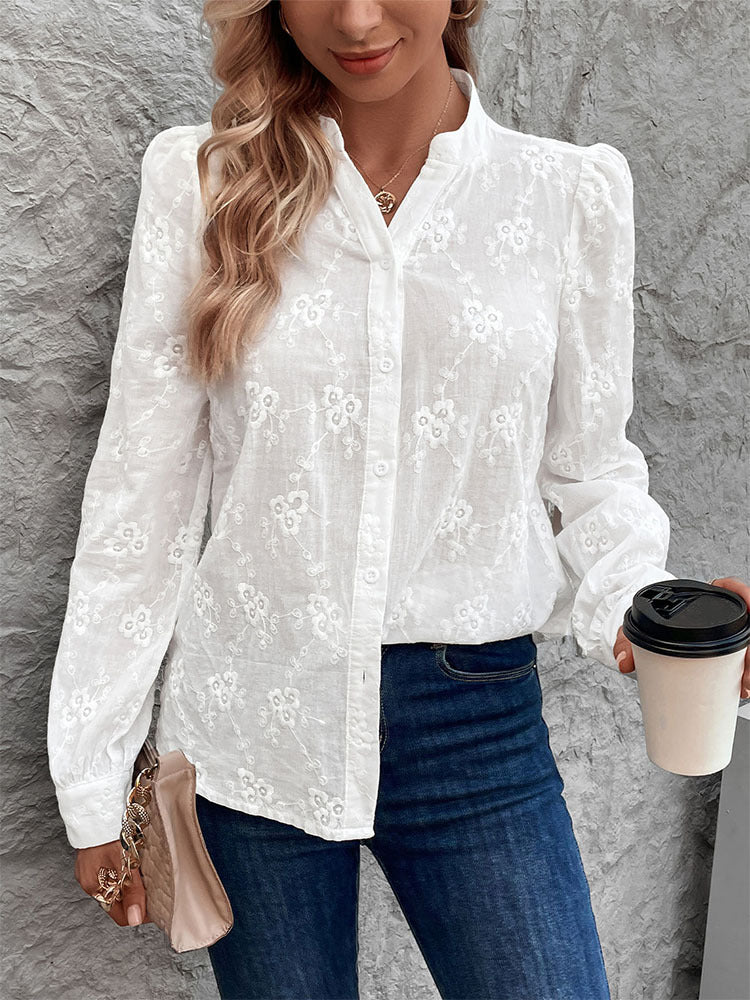 Sheer Embroidered Blouse with Puff Sleeves