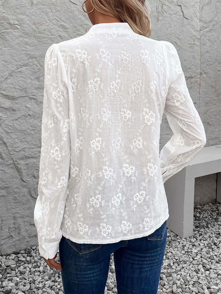 Sheer Embroidered Blouse with Puff Sleeves