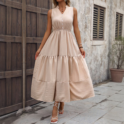 High-Waist A-Line Maxi Dress with V-Neck and Tiered Skirt
