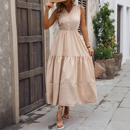 High-Waist A-Line Maxi Dress with V-Neck and Tiered Skirt