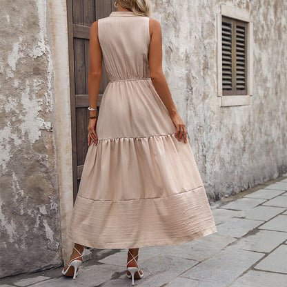 High-Waist A-Line Maxi Dress with V-Neck and Tiered Skirt