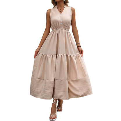 High-Waist A-Line Maxi Dress with V-Neck and Tiered Skirt