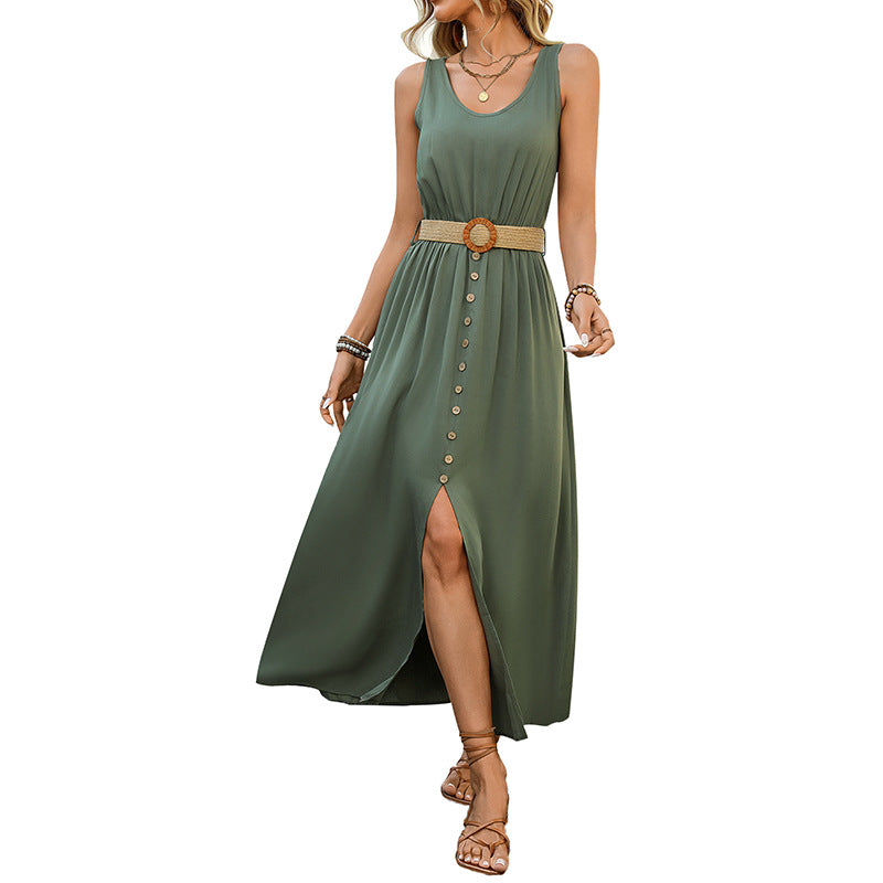 Solid Sleeveless Midi Dress with V-Neck and Button-Front Slit