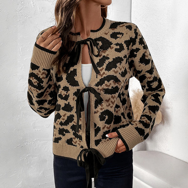 Leopard Print Knit Cardigan with Tie-Up Front