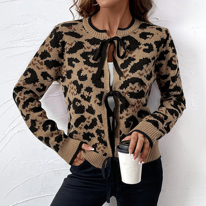 Leopard Print Knit Cardigan with Tie-Up Front
