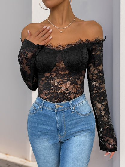 Bodycon Lace Bodysuit with Off-Shoulder Long Sleeves
