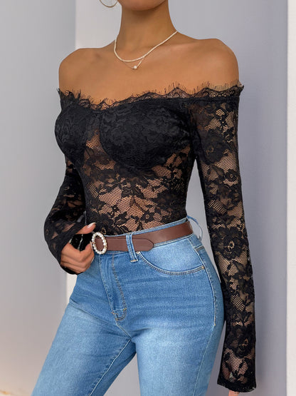 Bodycon Lace Bodysuit with Off-Shoulder Long Sleeves