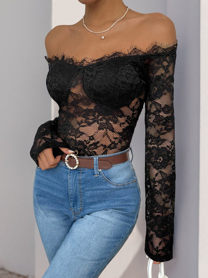 Bodycon Lace Bodysuit with Off-Shoulder Long Sleeves