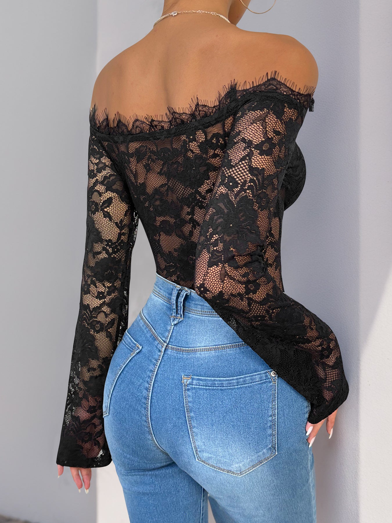 Bodycon Lace Bodysuit with Off-Shoulder Long Sleeves