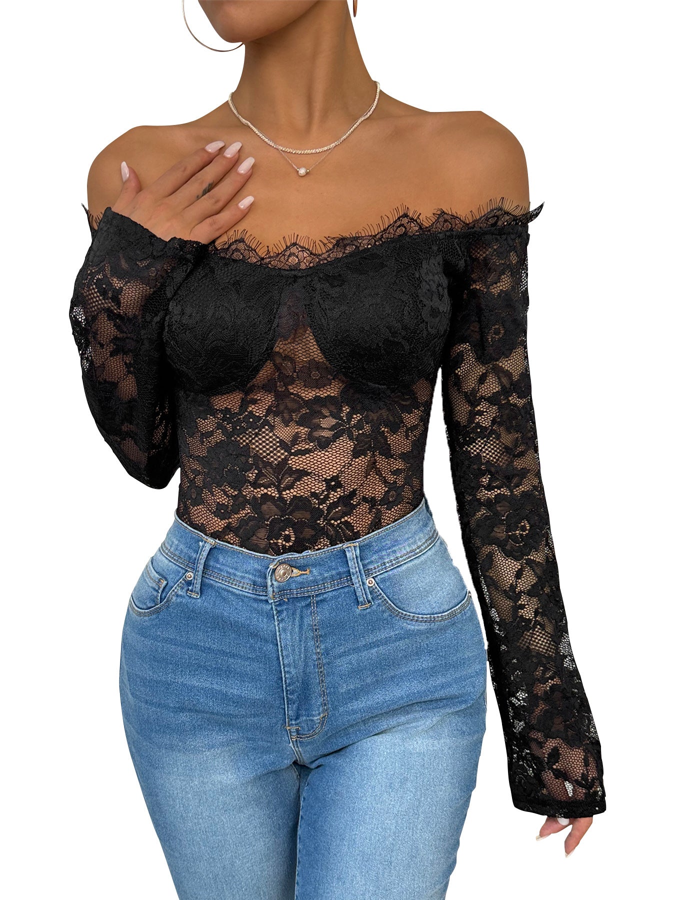 Bodycon Lace Bodysuit with Off-Shoulder Long Sleeves