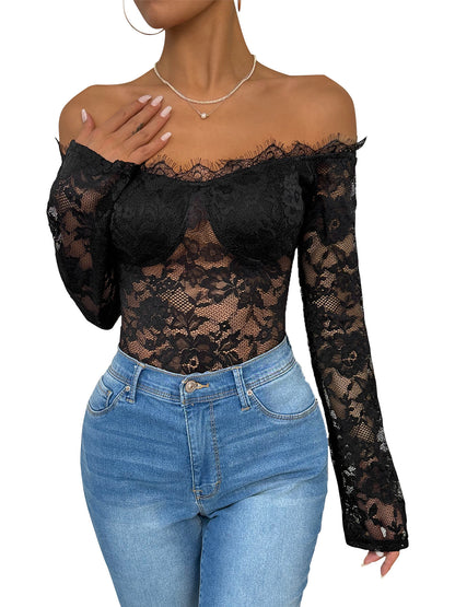 Bodycon Lace Bodysuit with Off-Shoulder Long Sleeves
