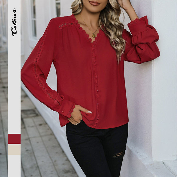 Solid V-Neck Blouse with Lace Trim and Ruffled Cuffs