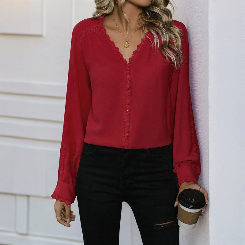 Solid V-Neck Blouse with Lace Trim and Ruffled Cuffs
