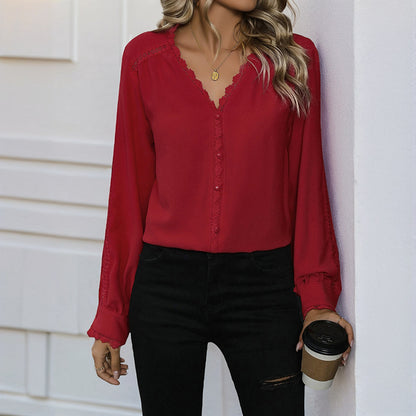 Solid V-Neck Blouse with Lace Trim and Ruffled Cuffs