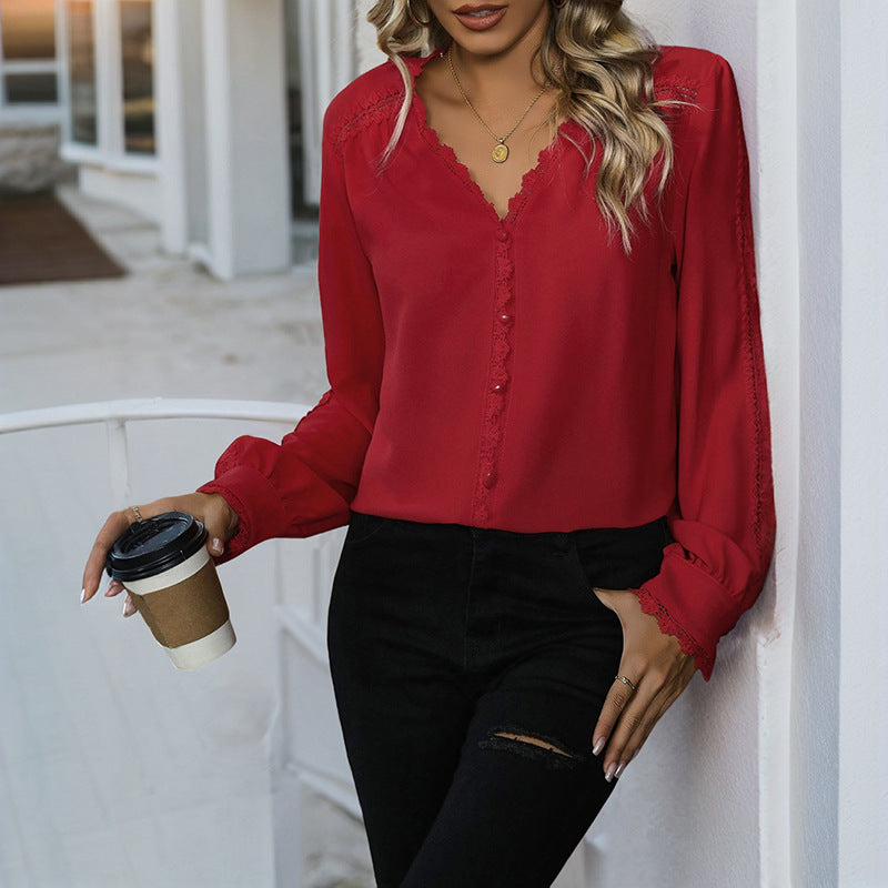 Solid V-Neck Blouse with Lace Trim and Ruffled Cuffs
