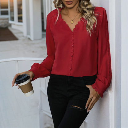 Solid V-Neck Blouse with Lace Trim and Ruffled Cuffs