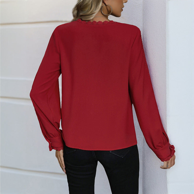 Solid V-Neck Blouse with Lace Trim and Ruffled Cuffs
