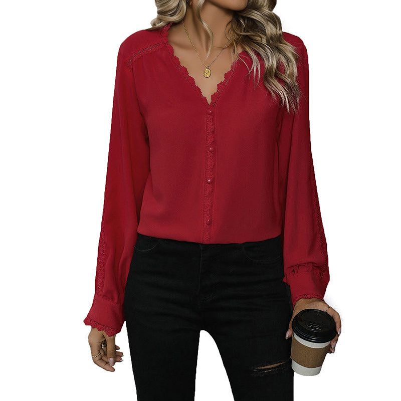 Solid V-Neck Blouse with Lace Trim and Ruffled Cuffs