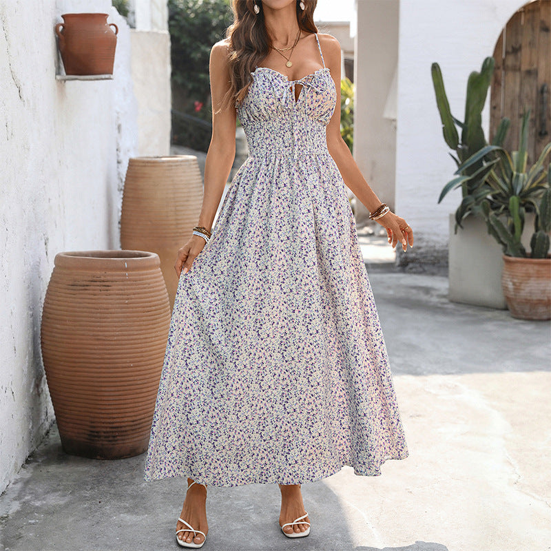 Floral Suspender Midi Dress with Smocked Bodice