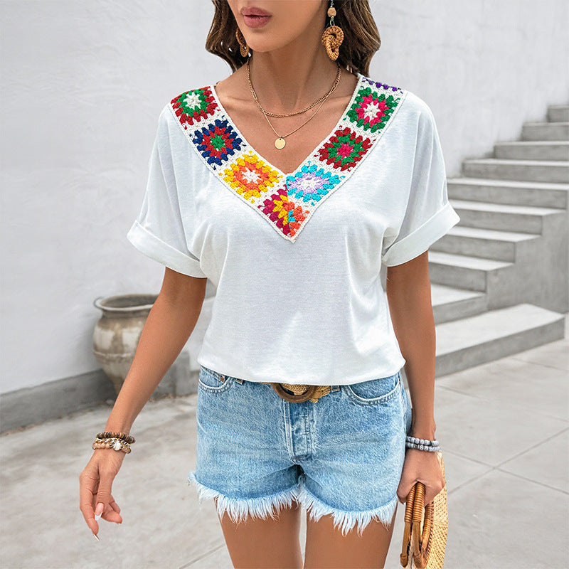 Crochet Patchwork V-Neck Top with Short Sleeves
