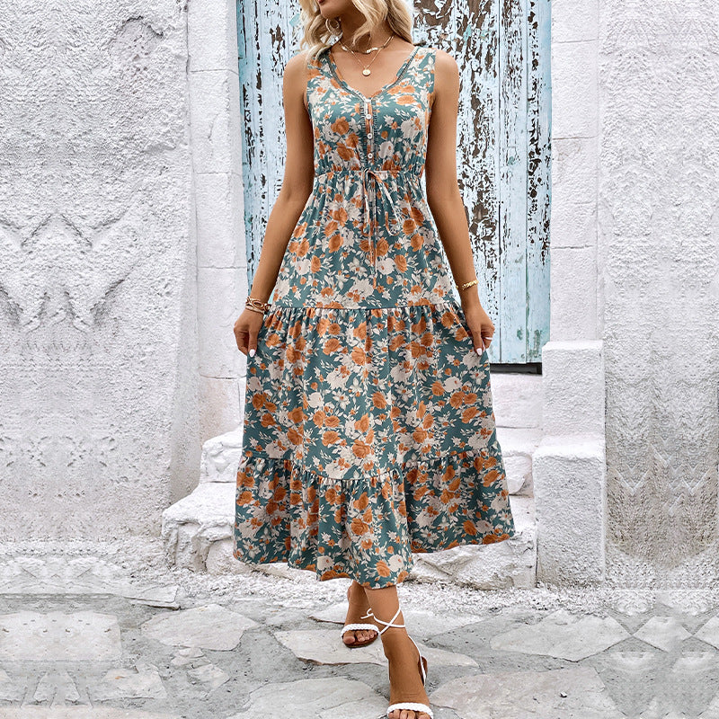 Floral Print V-Neck Midi Dress with Tiered Skirt