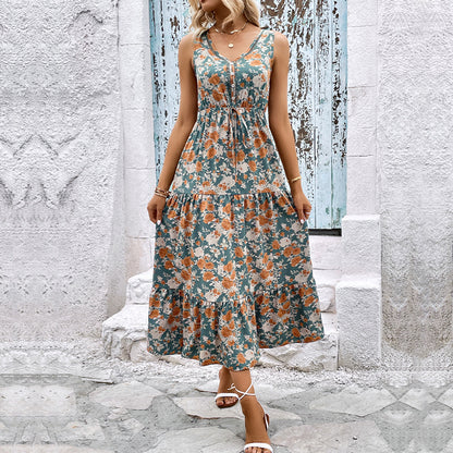 Floral Print V-Neck Midi Dress with Tiered Skirt