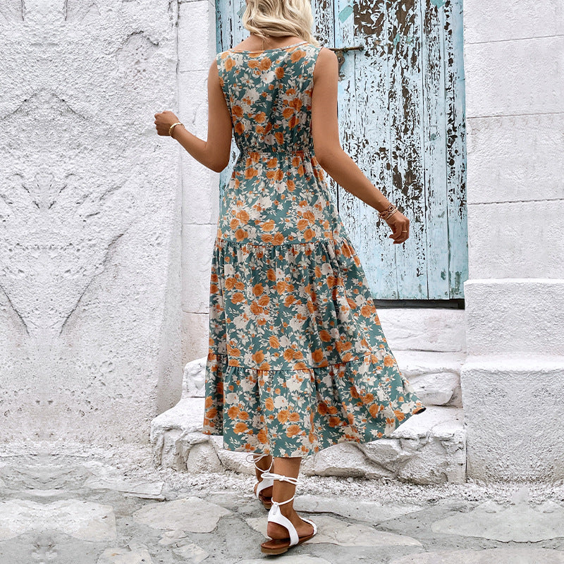 Floral Print V-Neck Midi Dress with Tiered Skirt