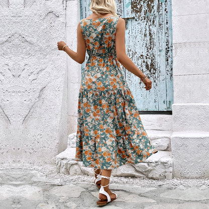 Floral Print V-Neck Midi Dress with Tiered Skirt