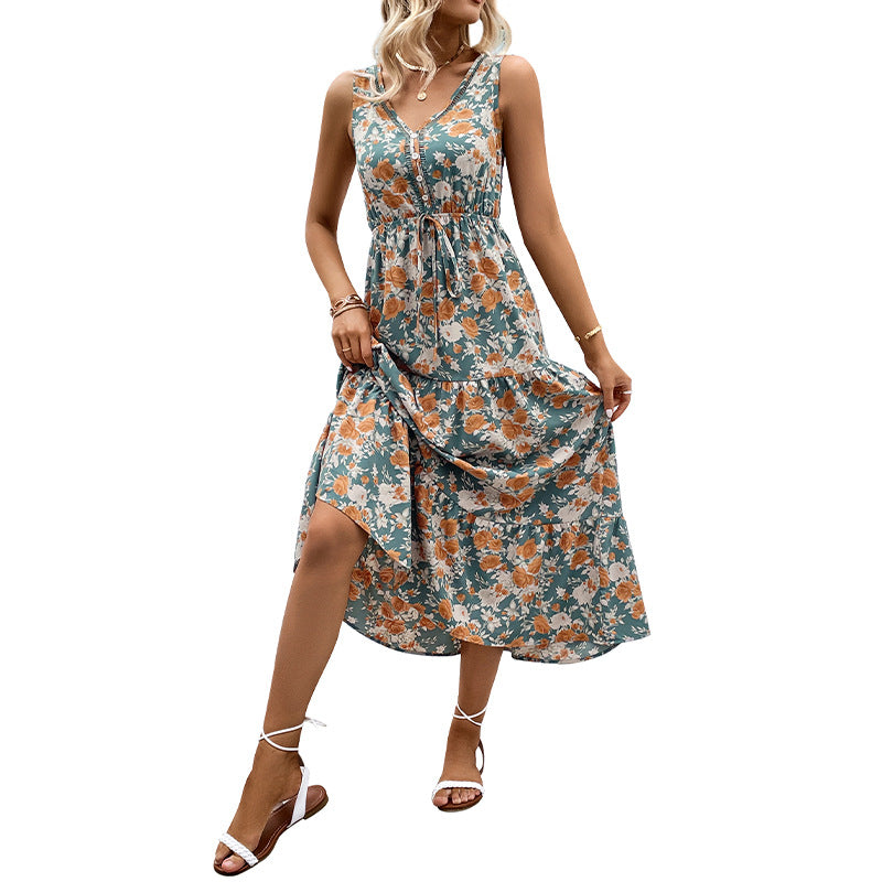 Floral Print V-Neck Midi Dress with Tiered Skirt