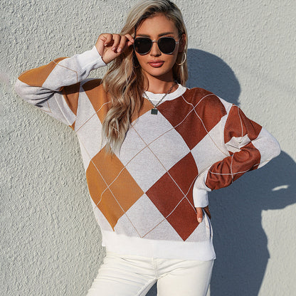Argyle Color-Blocked Knit Pullover with Crewneck