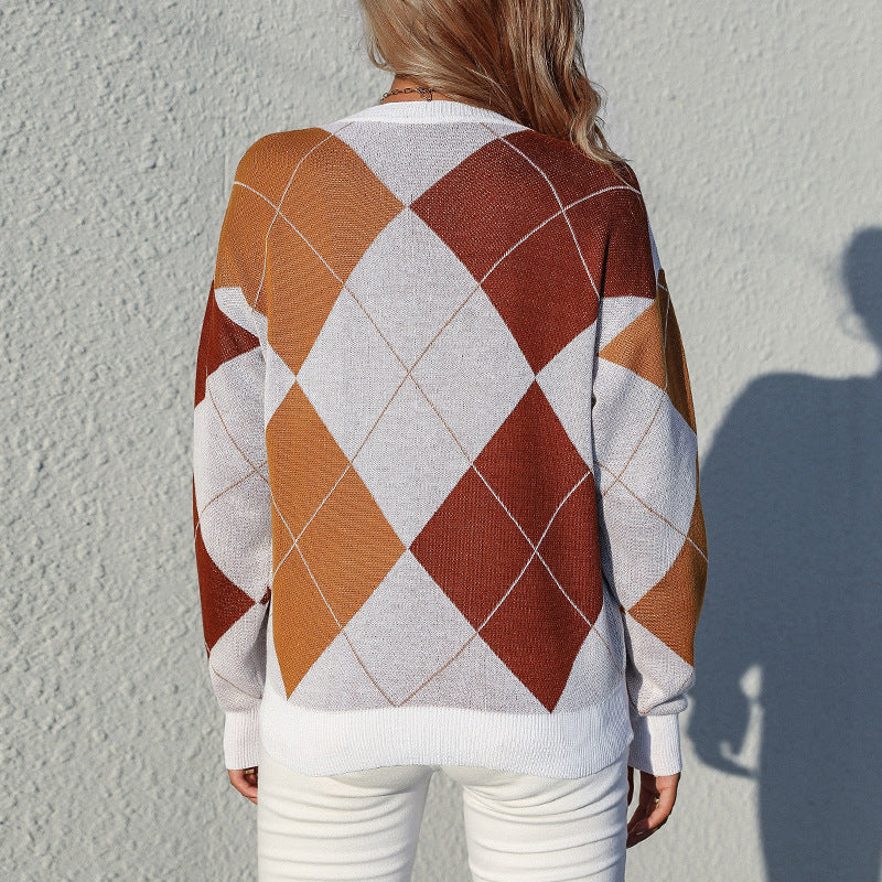 Argyle Color-Blocked Knit Pullover with Crewneck