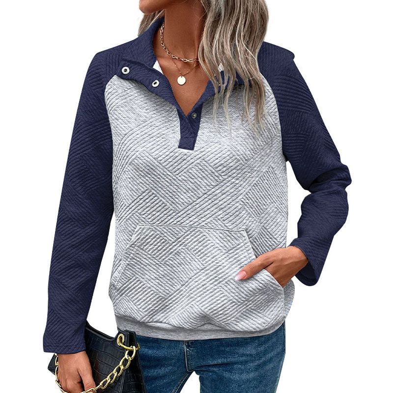 Textured Color-Block Pullover with Snap Polo Collar