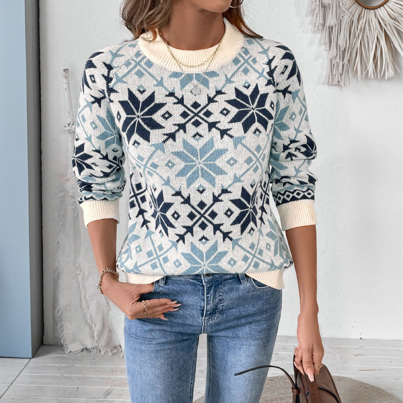 Nordic Snowflake Pullover Sweater with Round Neck