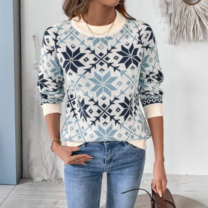 Nordic Snowflake Pullover Sweater with Round Neck