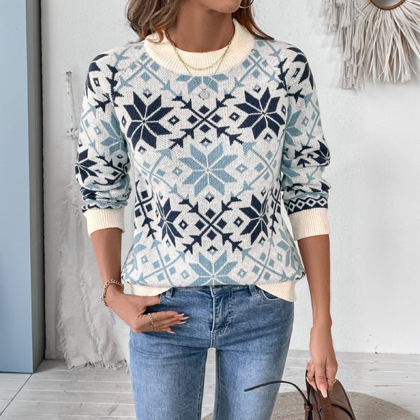 Nordic Snowflake Pullover Sweater with Round Neck