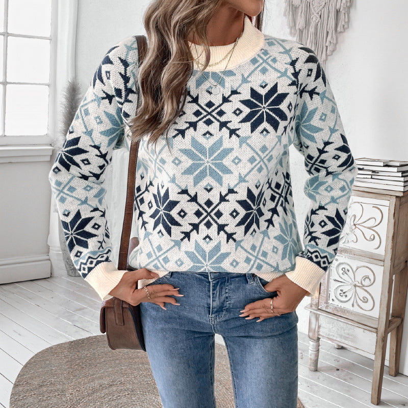 Nordic Snowflake Pullover Sweater with Round Neck