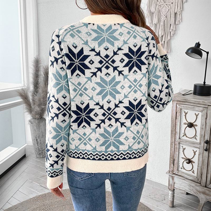 Nordic Snowflake Pullover Sweater with Round Neck