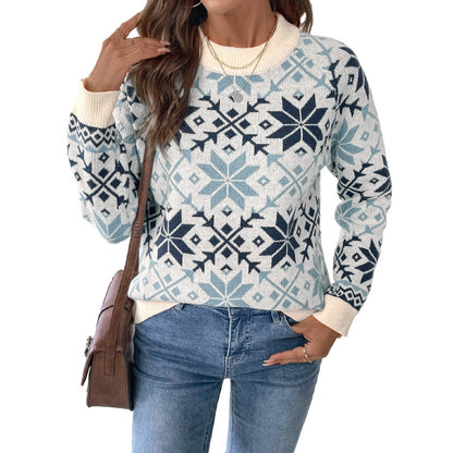 Nordic Snowflake Pullover Sweater with Round Neck
