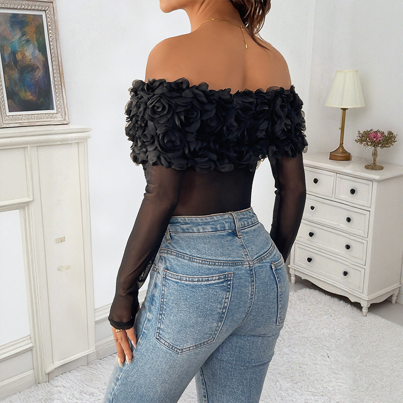 Mesh Bodysuit with Off-Shoulder 3D Floral Bust