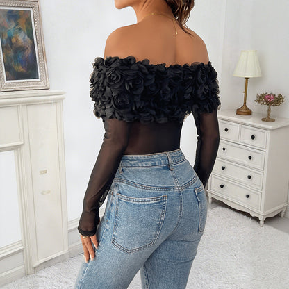 Mesh Bodysuit with Off-Shoulder 3D Floral Bust