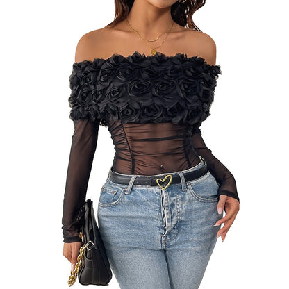 Mesh Bodysuit with Off-Shoulder 3D Floral Bust