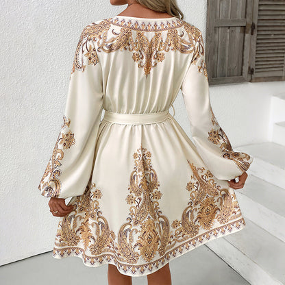 Paisley Print Mini Dress with V-Neck and Lantern Sleeves