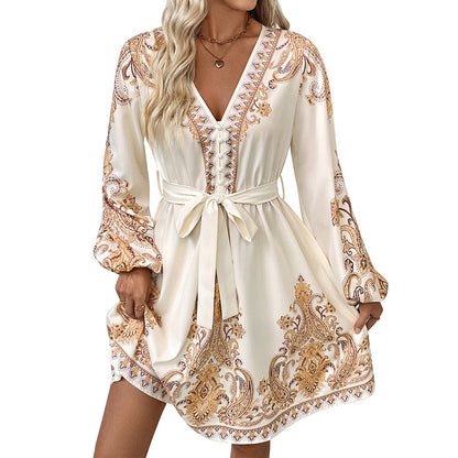 Paisley Print Mini Dress with V-Neck and Lantern Sleeves