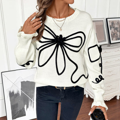 Loose Knit Round Neck Sweater with Bow Decoration