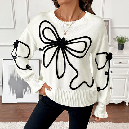 Loose Knit Round Neck Sweater with Bow Decoration